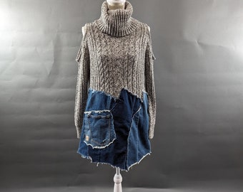 Upcycled Cold Shoulder Denim Patchwork Sweater - Large