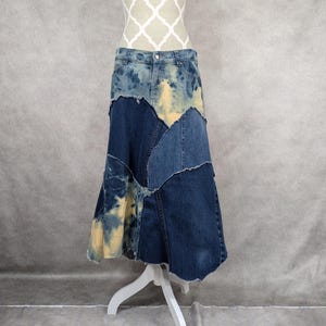 Upcycled Bleached Denim Patchwork Skirt - Size 10