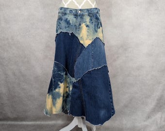 Falda vaquera desteñida reciclada con patchwork - Talla 10