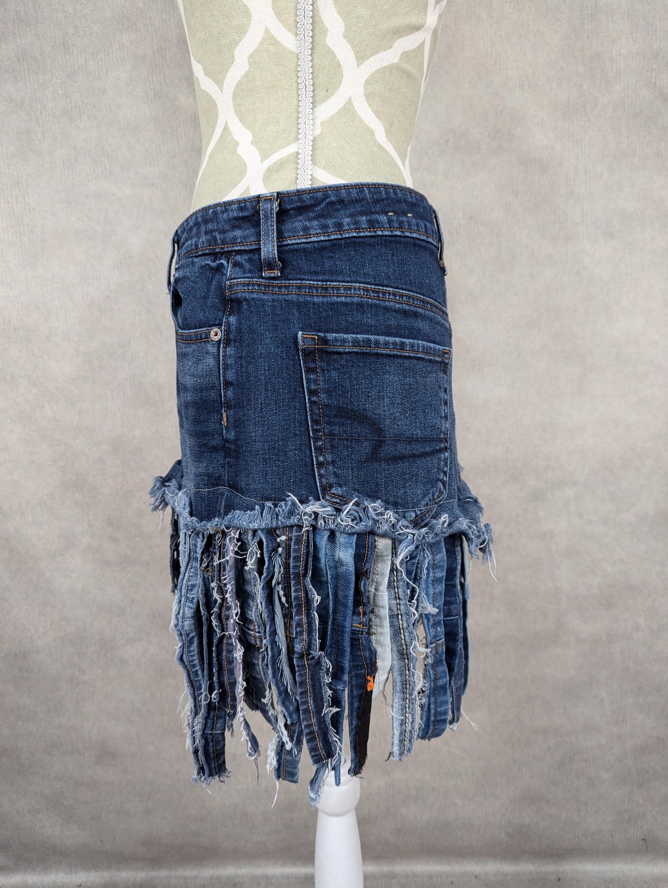 Upcycled Denim Fringe Hem Skirt - Size 8 - Etsy