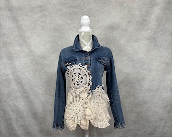 Upcycled Denim and Vintage Crochet Jacket-S/M