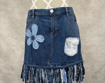 Upcycled Frayed Fringe Hem Denim Skirt-Size 12