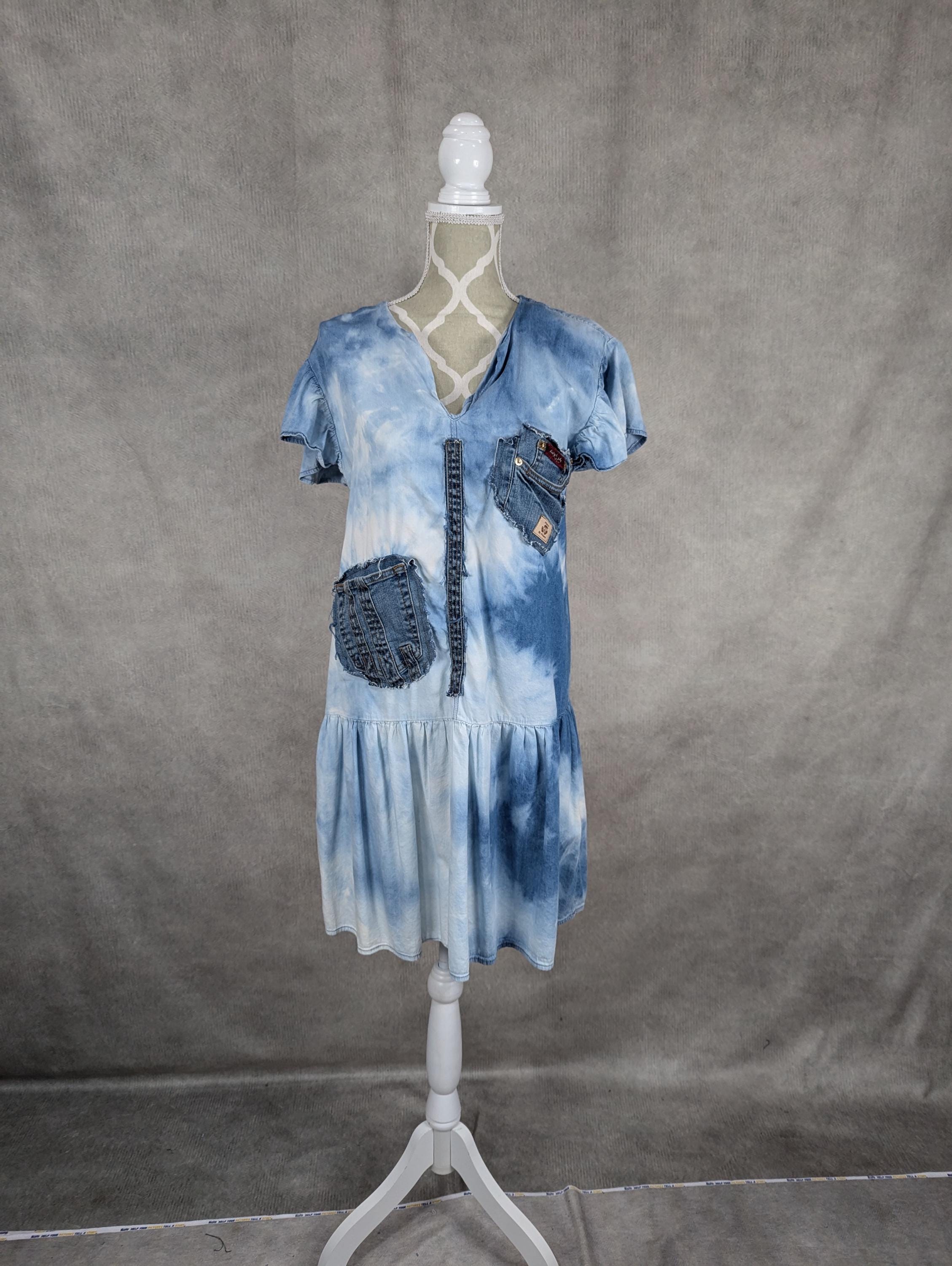 bleached denim dress Upcycled Bleached Denim Dress -Medium
