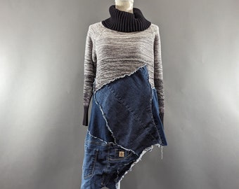 Upcycled Denim Patchwork Turtleneck Sweater-M