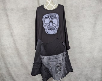 Upcycled Plus Size Denim Patchwork Skull Dress- XL