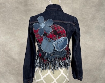 Upcycled Denim Jacket with Frayed Fringe Hem - Small