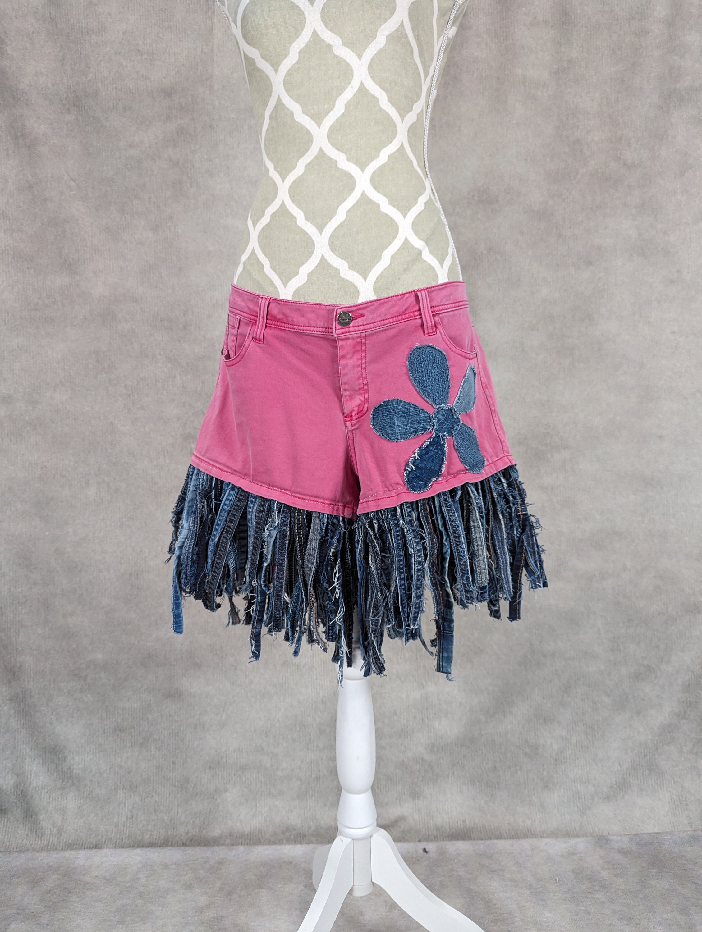 Upcycled Fringe Hem Denim Shorts Size 12