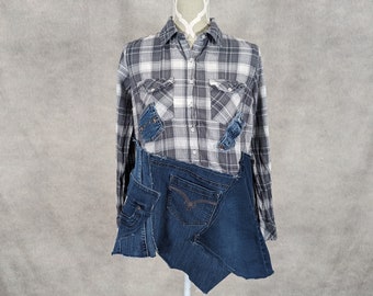 Upcycled Denim Patchwork Plaid Blouse- Medium