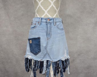 Upcycled Fringed Denim Skirt - Etsy