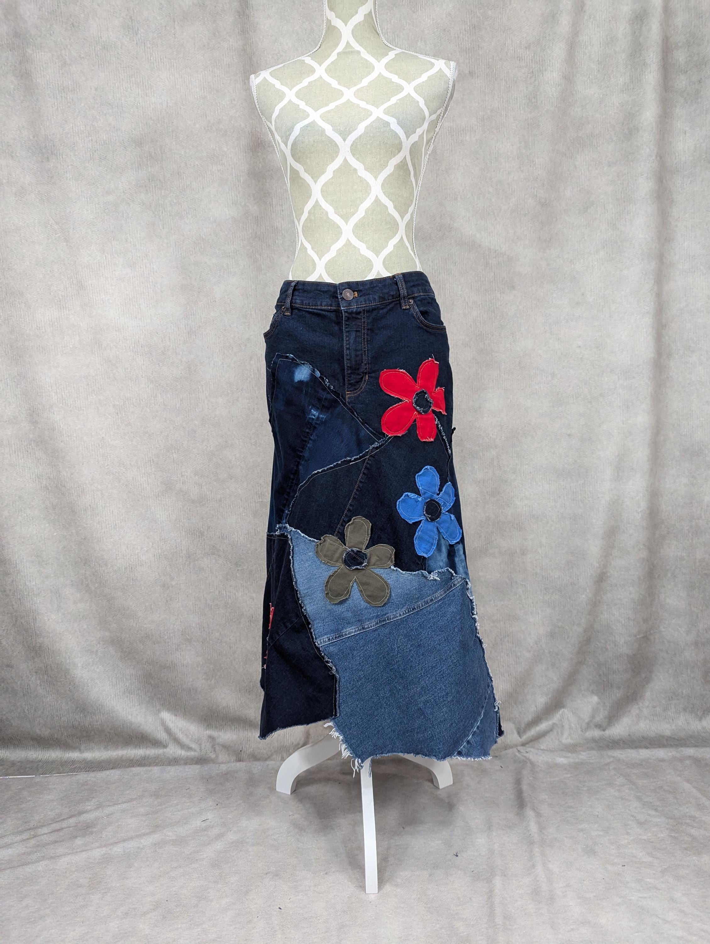 Upcycled Long Denim Patchwork Skirt-size 16 - Etsy