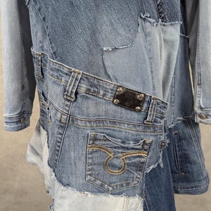 Distressed Denim Patchwork Jacket with Lapel Collar - Blue main image 0