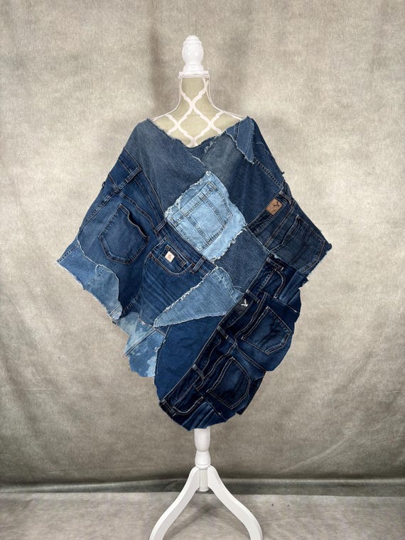 Plus Size Upcycled Denim Patchwork Poncho-4x - Etsy Norway