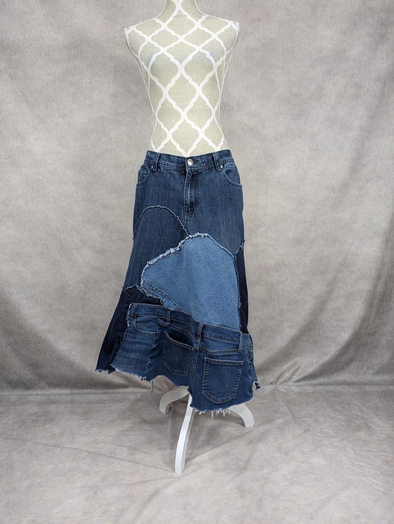 Upcycled Denim Patchwork Skirt-size 36. - Etsy
