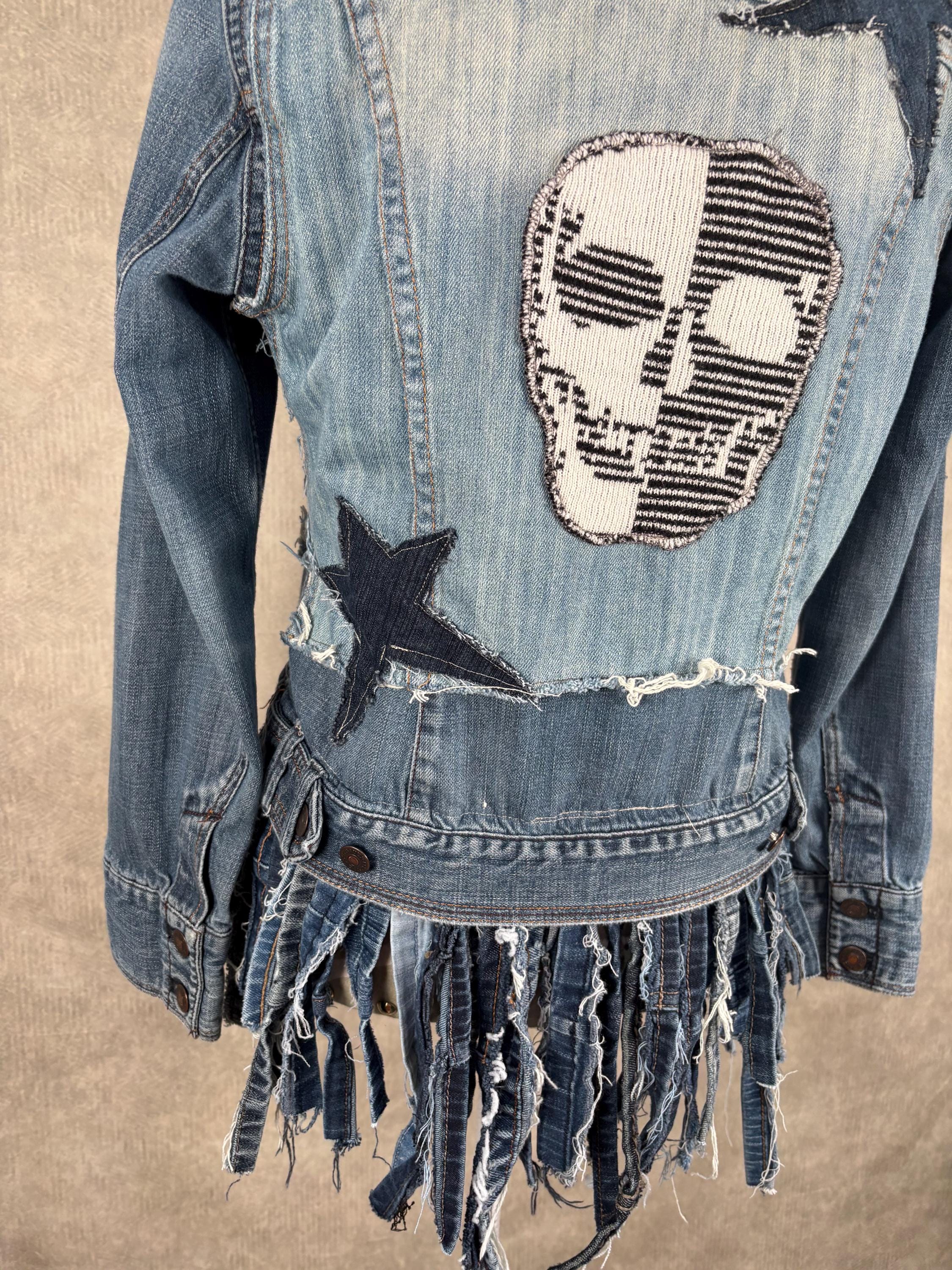 Upcycled Fringe Hem Skull Denim Jacket - Medium - Etsy