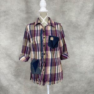 Upcycled Plaid Blouse with Denim - Medium