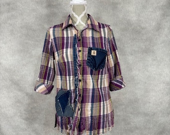 Upcycled Plaid Blouse with Denim - Medium