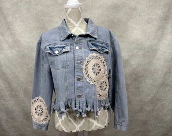 Veste en jean recyclée à ourlet à franges-L/XL