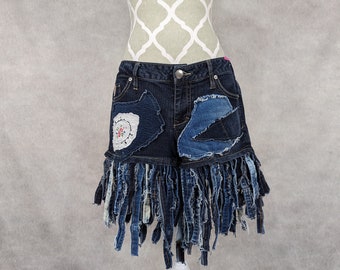 Handmade Reworked up Cycled Lace Trim Jean Shorts Denim Boho