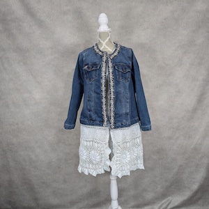 Upcycled Long Denim and Lace Jacket - XL