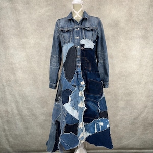 Upcycled Long Denim Patchwork Trench Coat-Medium