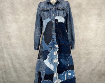 Upcycled Long Denim Patchwork Trench Coat-Medium
