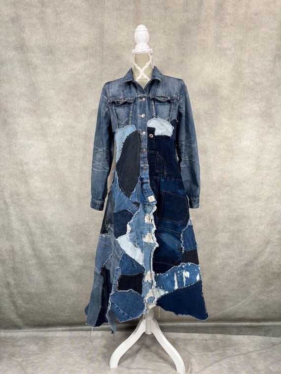 Upcycled Long Denim Patchwork Trench Coat-medium - Etsy