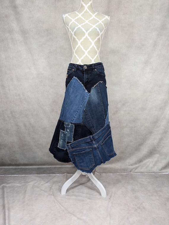 Upcycled Denim Patchwork Skirt - Size 31 - Etsy