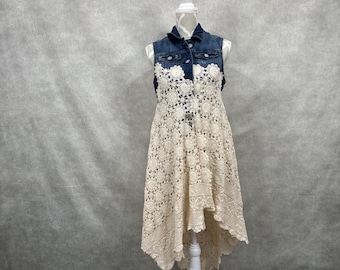 Upcycled Denim and Crochet Duster-Medium