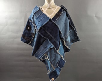 Upcycled Denim Patchwork Poncho- O/S