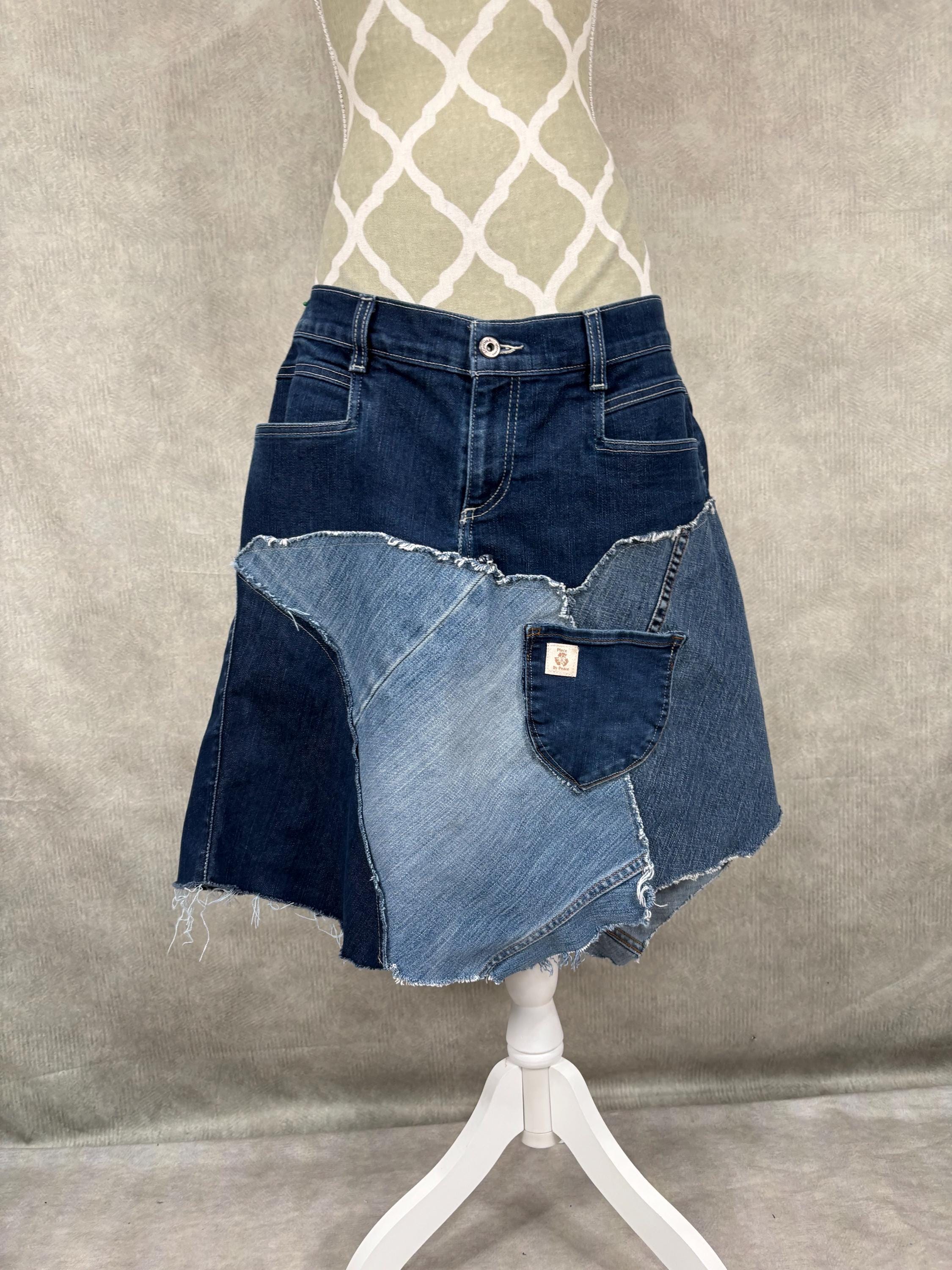 Upcycled Denim Patchwork Skirt- Size 16