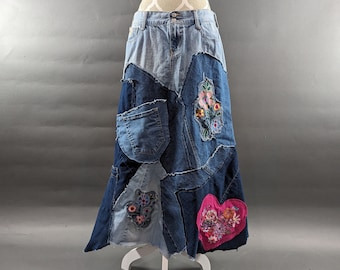 Upcycled Denim Patchwork Skirt- Size 8