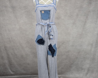 Geüpcycled denim patchwork jersey overall, groot