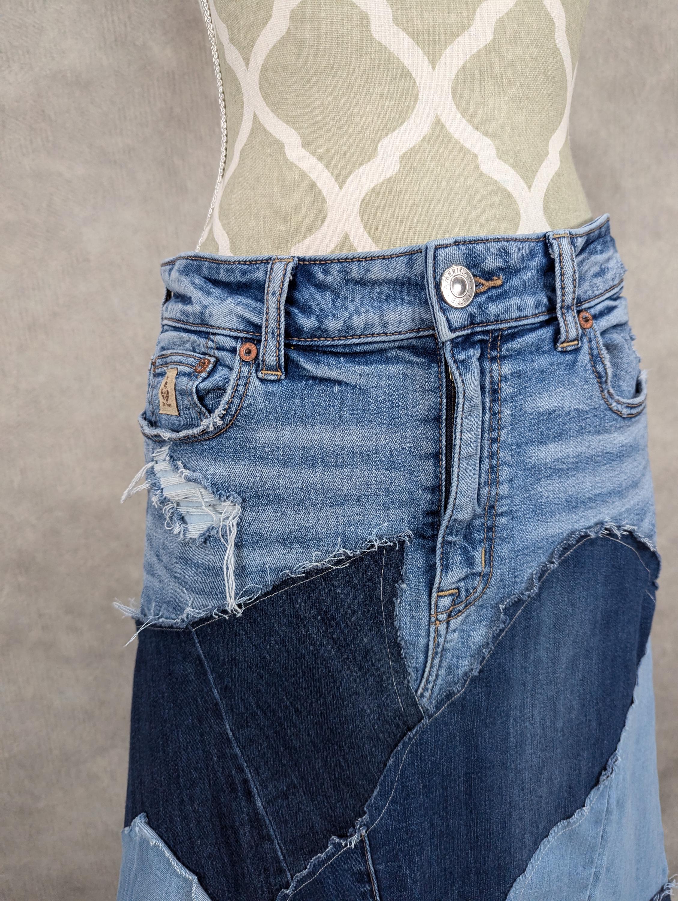 Upcycled Long Denim Patchwork Skirt - Size 8/10 - Etsy