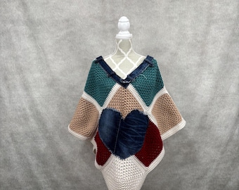 Upcycled Knit Heart Poncho - L/XL