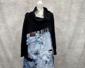 Upcycled Fringe Neck Sweater - Large/XL