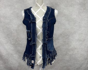 Upcycled ausgefranste Fransen Saum Denim Weste-Medium