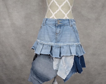 Upcycled Denim Patchwork Skirt - Medium