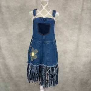 Upcycled Fringe Hem Denim Overalls Dress - Small