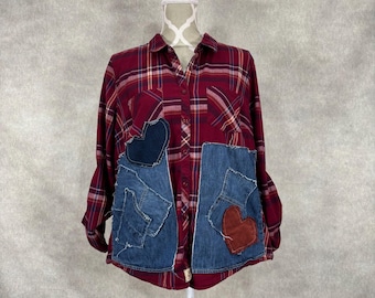 Upcycled Plus Size Plaid and Denim Shirt - 2XL