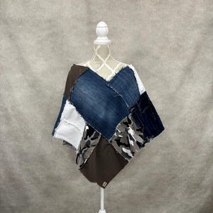 Upcycled Denim and Camo Patchwork Poncho- L/XL