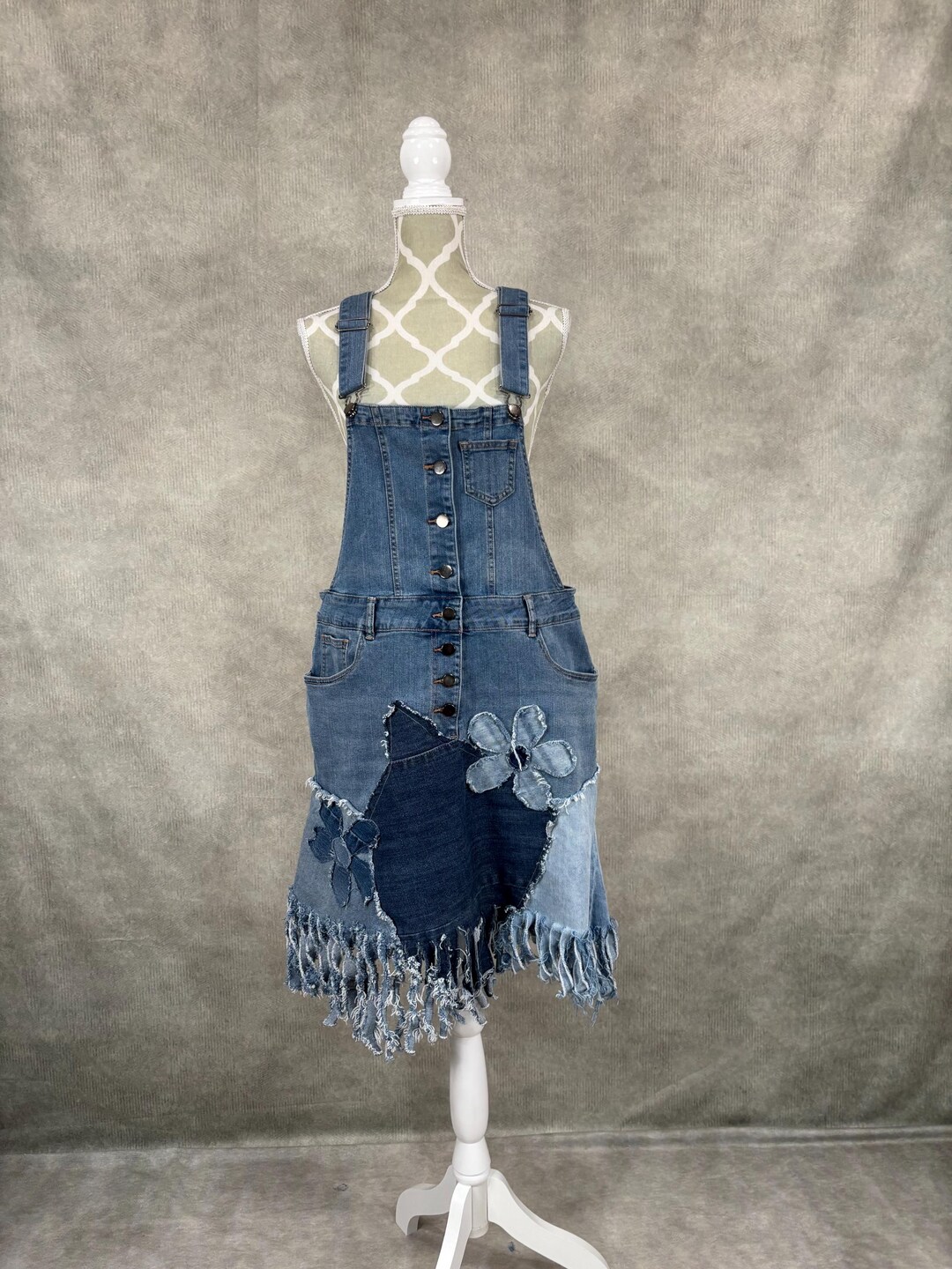 denim dress overalls pattern Upcycled Denim Patchwork Overall Dress -Large