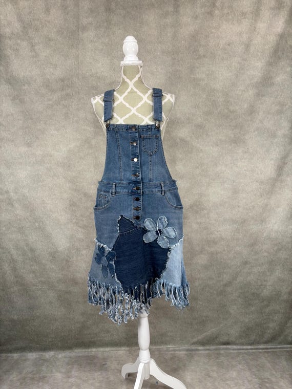Upcycled Denim Patchwork Overall Dress -large