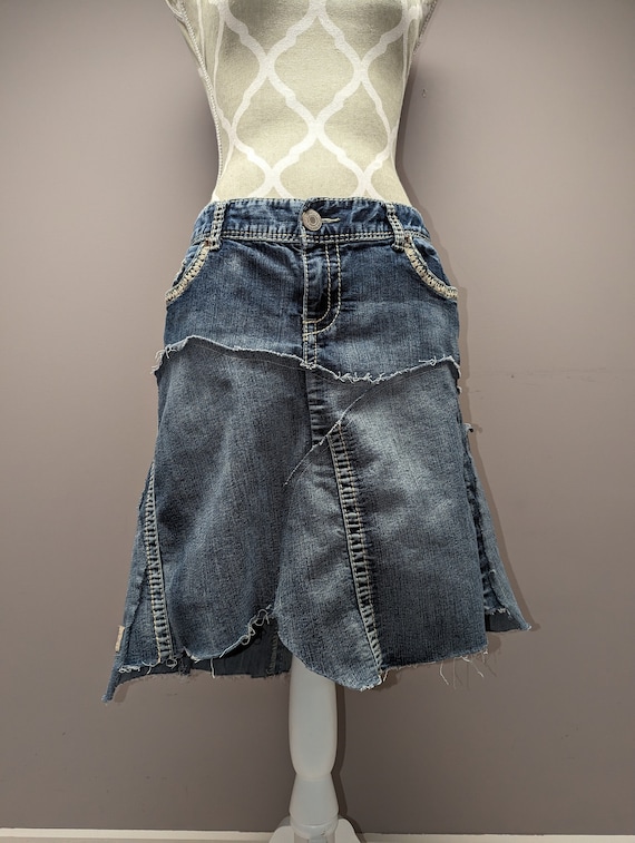 Upcycled Denim Patchwork Skirt Size 13 14 Etsy
