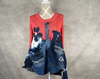 Upcycled Denim Patchwork Sweater- Large