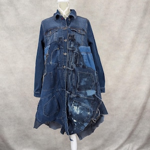 Upcycled Long Denim Patchwork Jacket - Large