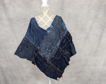Upcycled Plus Size Denim Patchwork Poncho- 2X-4X