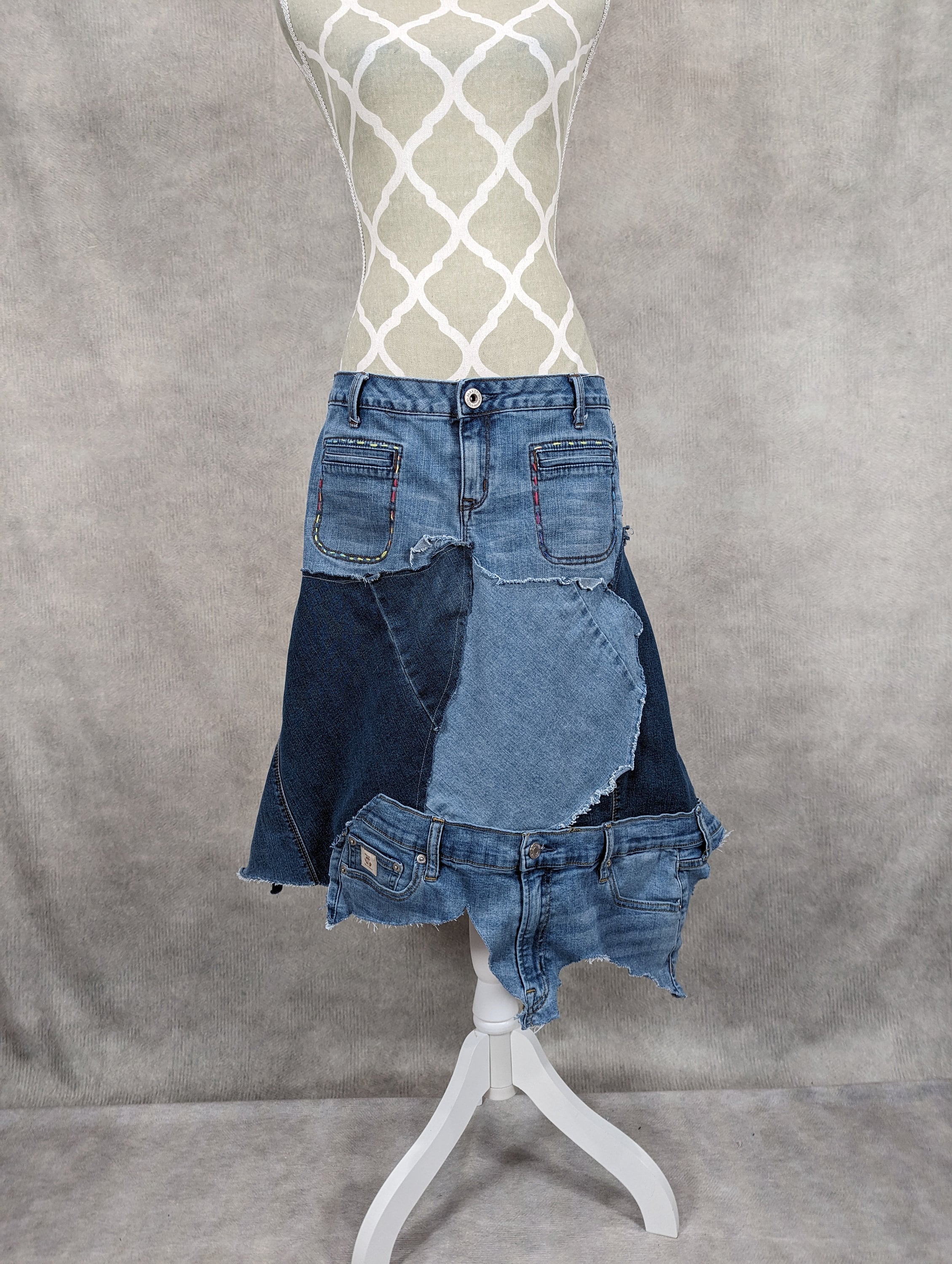 3COLOUR★Patchwork dress waist A-line skirt ワンピース 311 Upcycled Denim Patchwork Skirt - Size 31 - Etsy