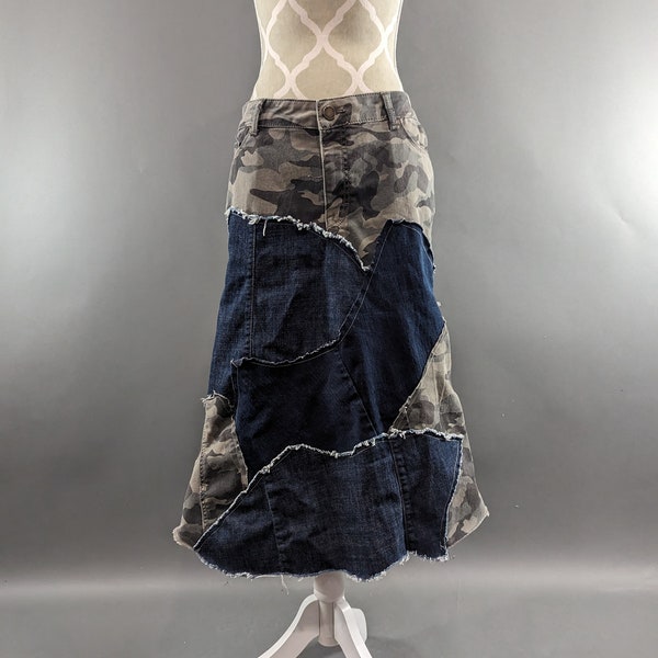 Upcycled Long Denim and Camo Patchwork Skirt - Size 18