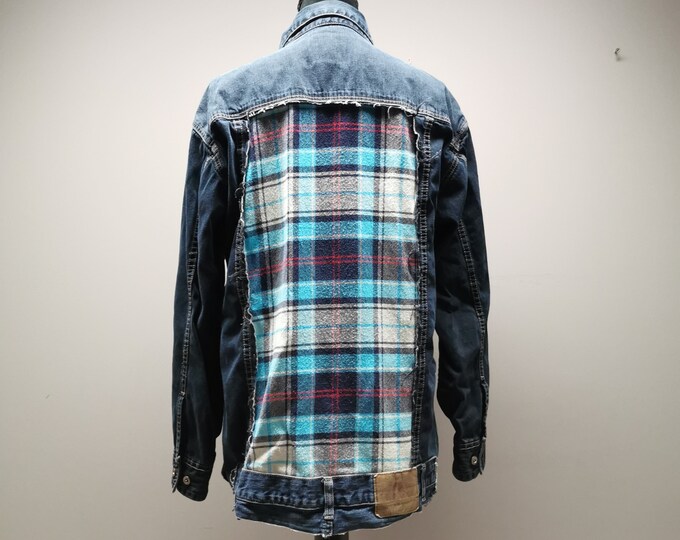 Flannel/denim Shirt,bleached Flannel Denim Shirt Sz L Long Sleeve Denim