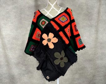 Upcycled Granny Square Poncho -O/S